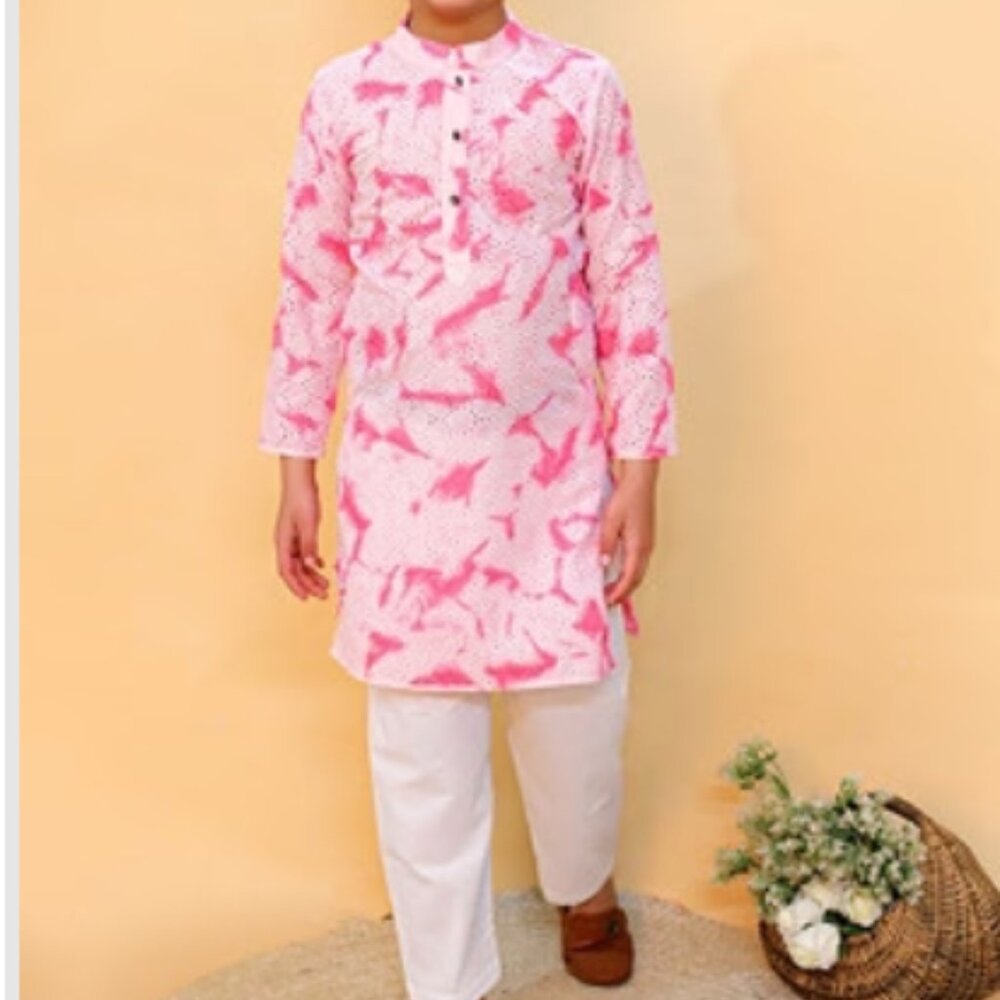 Boys (12-13 yr old) Pink Print Desi Kurta With Pyjama Pants (Set of 2)